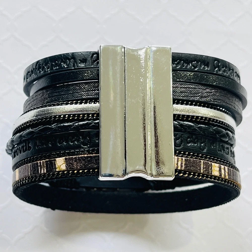 Multilayer Leather Bangle Magnetic Clasp Bracelet for Men or Women 7.5in‎ Black